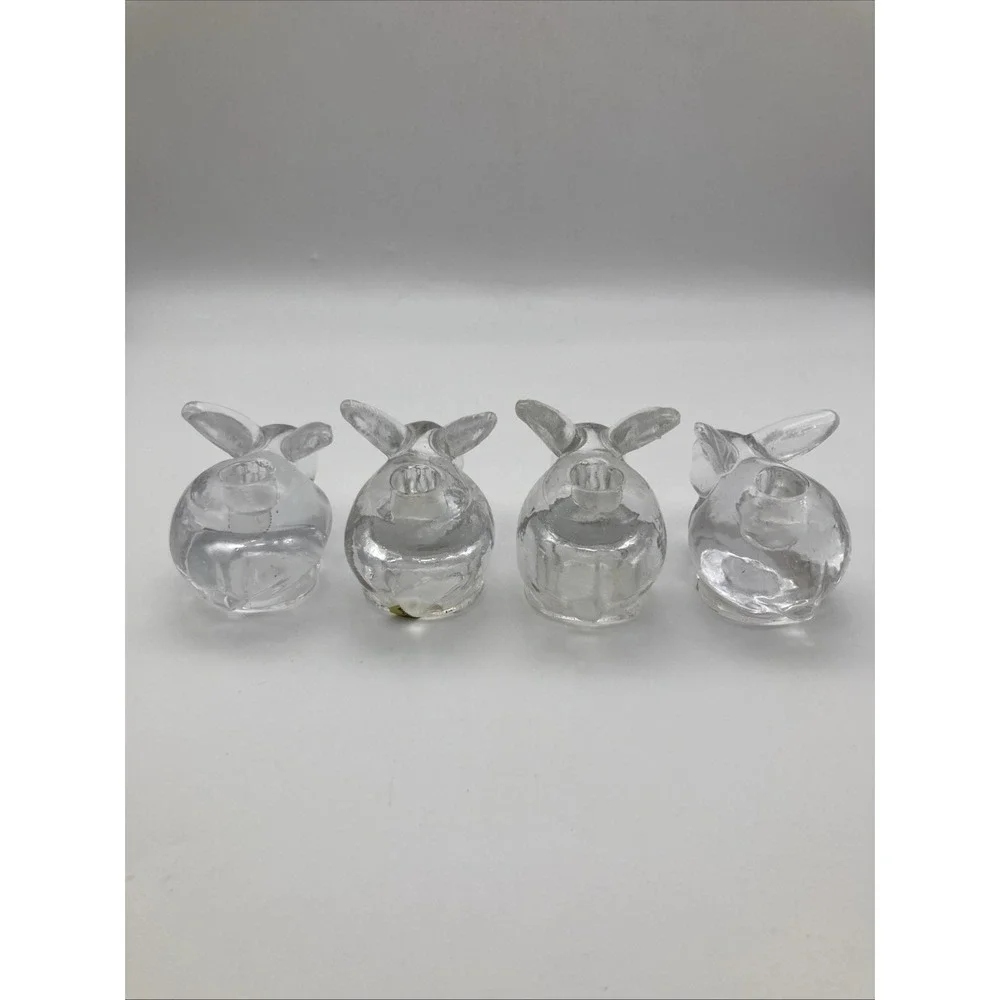 4 Vintage Biedermann Clear Glass Rabbit Small Taper Candle Holder Taiwan 2